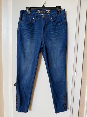 Seven7 Indigo Blue Stretch Ankle Jeans with Button Hem Detail